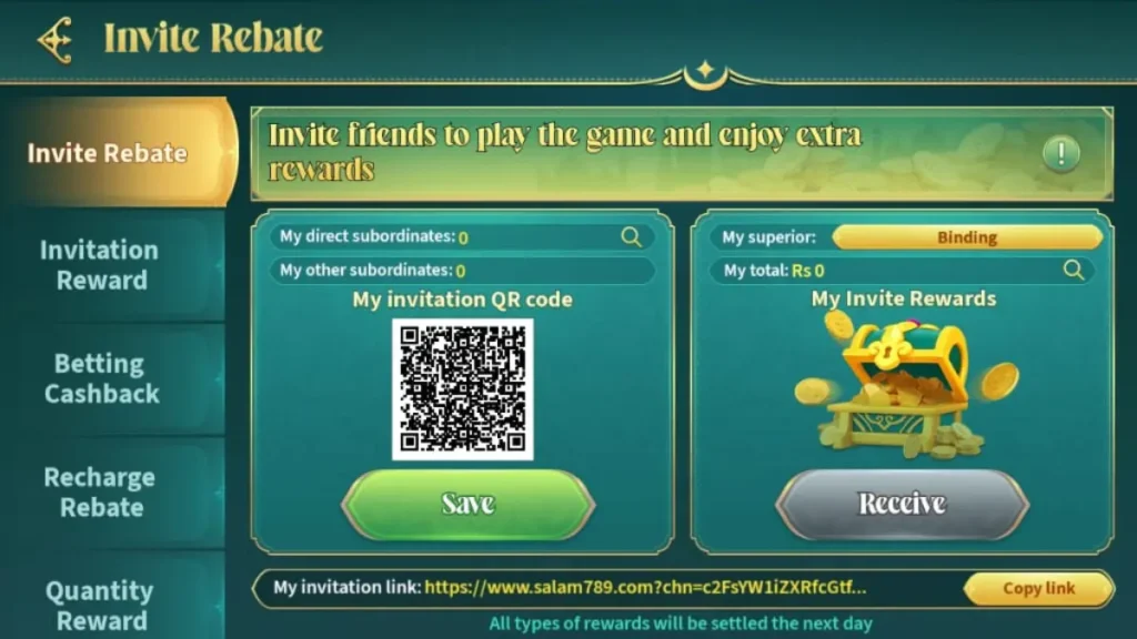Salam Bet’s Referral Reward section with QR code for invitation, a save button, and a treasure box filled with coins.