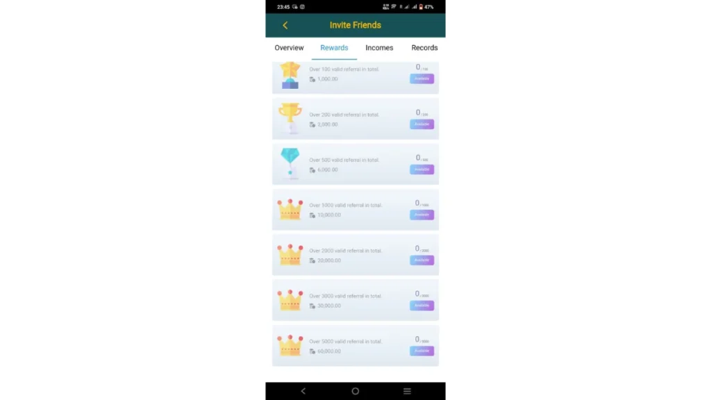Screenshot of BN55 Game showing referral rewards from 100 to 5000 valid invites with increasing cash amounts