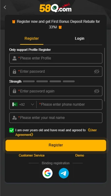 58Q APK Registration Page