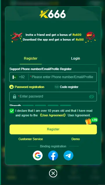 K666 Game Download and registration page