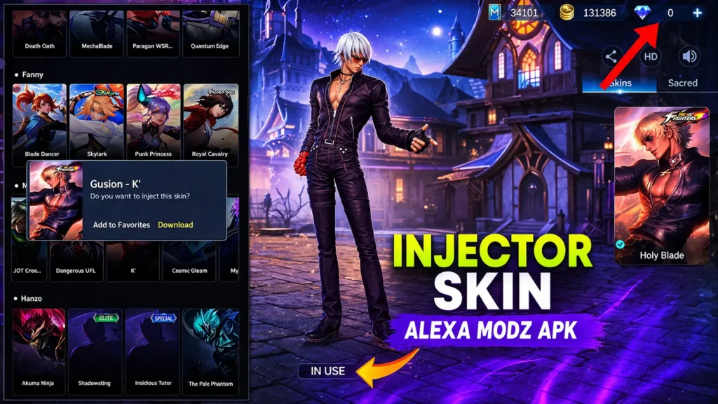 Interface of Alexa Modz APK MLBB, showing charecters and skins to inject into game