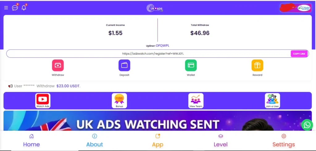 Home screen of the app, showing the total withdrawl amount and current balance